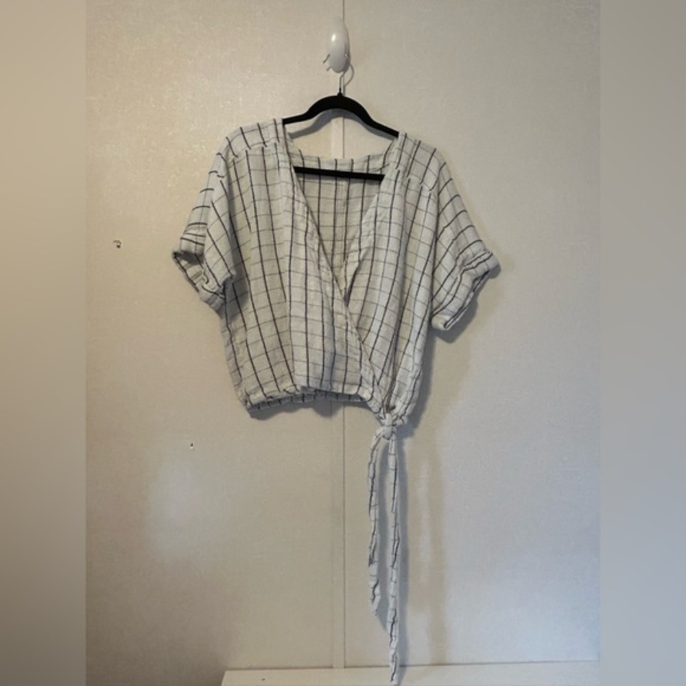 Free People White Blue Cloud Grid Print Side Tie Linen Blend Blouse Small